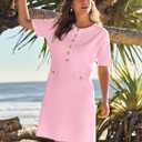 MEROKEETY Women's Summer Bodycon Sweater Dress Business Casual Outfis Short Sleeve Knit Button Formal Elegant Work Dress (Pink), Medium