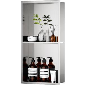 POPFLY 12"24" Stainless Steel Shower Niche, Double Shelves Bathroom Niche No Tile Needed Recessed Niche Shower for Bathroom Storage, Horizontal or Vertical Insert, Nano Silver