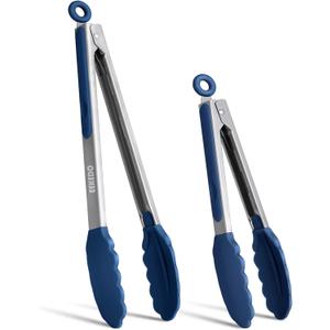 Tongs for Cooking, 600F High Heat-Resistant Stainless Steel Kitchen Tongs with Silicone Tips, Non Scratch, Locking Tong for BBQ Grilling Air Fryer Food Salads, Set of 2 (9" and 12") Navy Blue