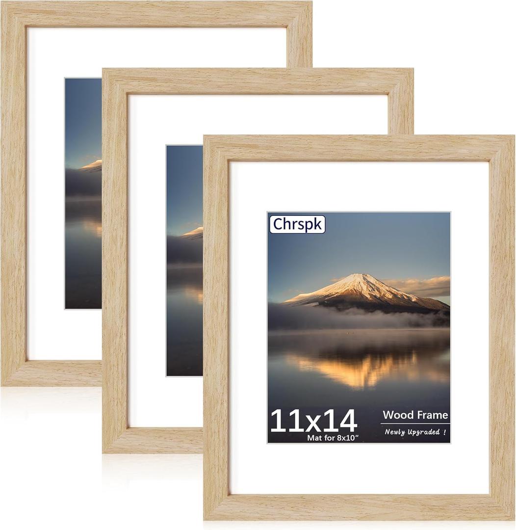 11x14 Poster Frame, Display Pictures 8X10 with Mat or 11x14 Without, Wall Hanging Frames, Natural Oak, 3 Pack