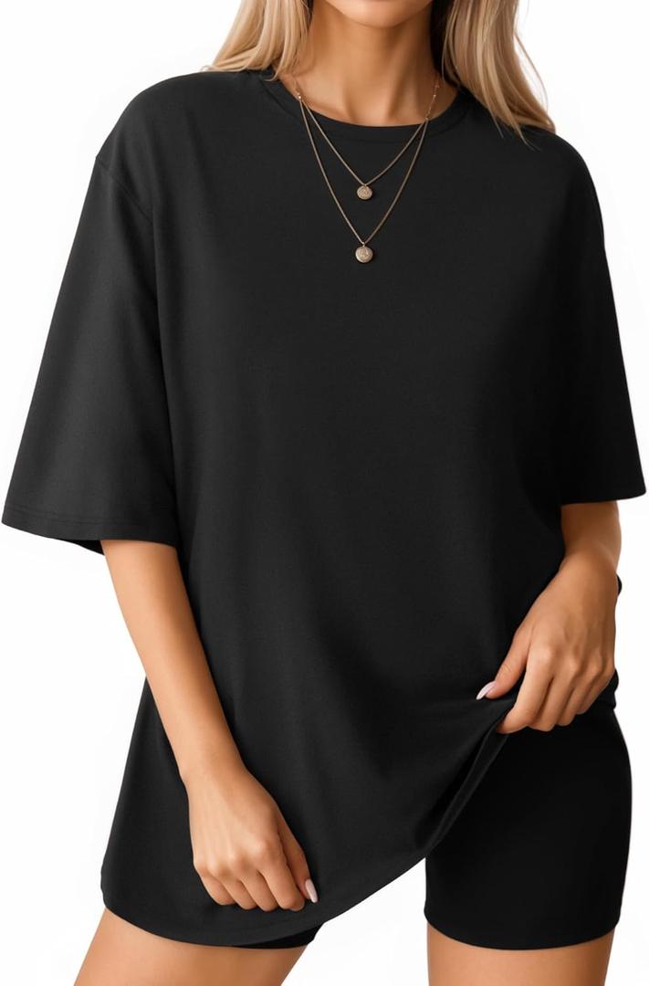 MANGOPOP Women's Oversized T Shirts Short Sleeve Crewneck Loose Fit Tops Summer Basic Gym Workout Clothes (X-Large)