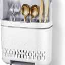 Sliner Wall Mount Utensil Rack Holder with Lid and Hook Waterproof Compartmental Storage Caddy Cutlery Drainer with Cover Detachable Kitchen Hanging Chopstick Silverware Organizer Moonlight White