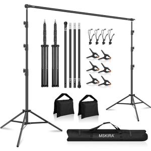 10.2x10Ft Heavy Duty Backdrop Stand, MSKIRA Adjustable Backdrop Support System Kit, Photoshoot Background Stand for Parties, Advertising Display with 6 Clamps, 4 Clips, 2 Sandbags, Carry Bag