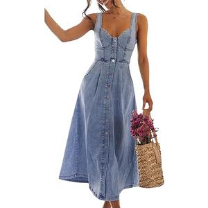 utcoco Denim Dress for Women Sleeveless Button Down Slim Fit Midi Jean Dresses for Women L Blue