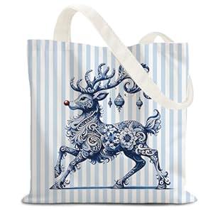LZYRF Blue and White Chinoiserie Christmas Reindeer Tote Bag, Grandmillennial Christmas Canvas Tote Bag Gifts for Women, Blue Striped Rudolph Reindeer Reusable Xmas Holiday Gift Bags Party Favors