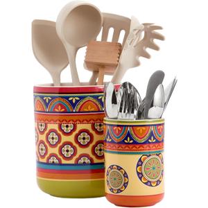 Bico Tunisian Ceramic Utensil Holder Set of 2, Ceramic Kitchen Utensil Crocks for Countertop, Large Cooking Tool Holder Counter Decor, Spatula Organizer