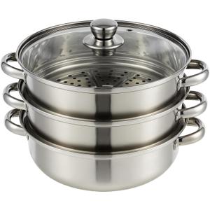 3-Tier Stainless Steel Steamer Pot with Lid, Multipurpose Steam Pots for Cooking, Vegetable & Dumpling Steamer Set with Durable Handles and Glass Lid for Fish, Meat, and Seafood