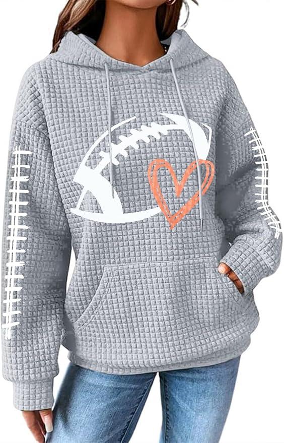 VILOVE Game Day Hooded Sweatshirt Women Funny Football Graphic Shirt Waffle Knit Game Day Pullover Hoodies Long Sleeve Gray, Size L