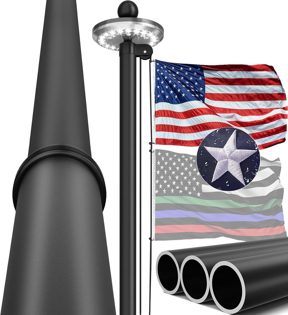 IIOPE 15 FT Heavy Duty Flag Pole, Solar Light, 100MPH Tested Outside House