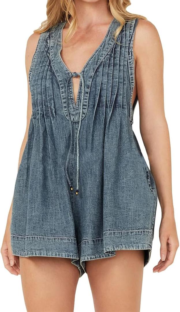 Womens Casual Sleeveless Denim Short Jumpsuit High Waist V-Neck Tie Front Washed Jean Romper with Pocket (S)