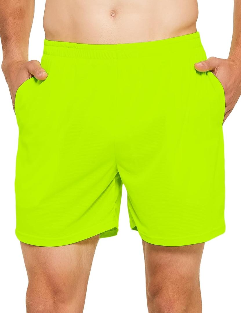 DEMOZU Men's 5 Inch Running Tennis Shorts Lined Workout Gym Athletic Pickleball Shorts with Pockets (Large, Neon Yellow)