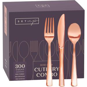 SETUP [300 Count] Disposable Silverware, Rose Gold Combo Cutlery - 100 Forks, 100 Spoons, 100 Knives - Heavy Duty, and Durable Rose Gold Plastic Silverware Set Great for Parties, Events, Everyday use
