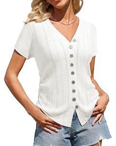 Messic Knit Tops for Women: Short Sleeve Sweater Womens Summer Tops 2026 Button Down Wrap Shirt V Neck Ruched Tops for Women Dressy Casual Top Lightweight Sweater Professional Office Outfits White M