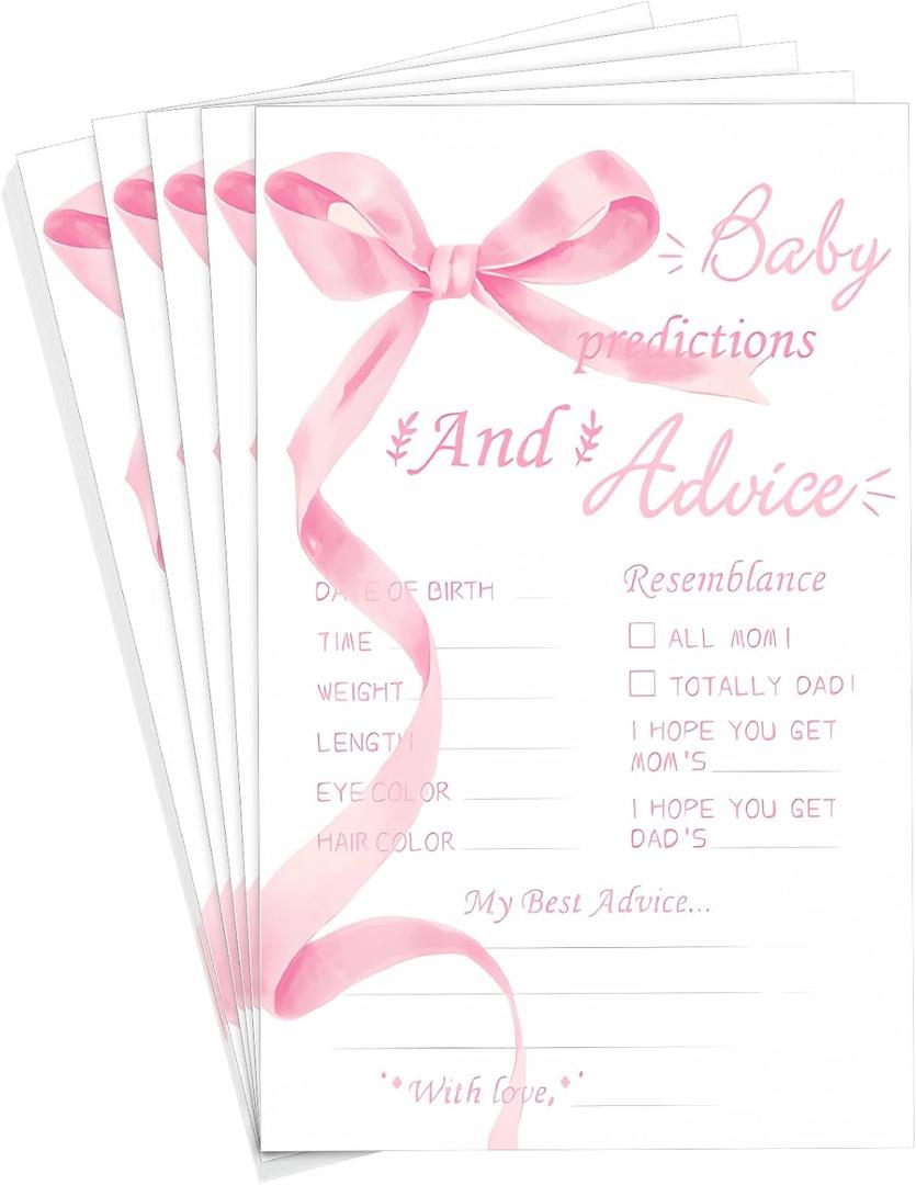 Lincia 50 Pcs Coquette Baby Shower Prediction and Advice Cards Pink Bow Prediction Wishes for Baby Shower Games Activity Gender Reveal Party Supplies Mom Dad Party Decorations