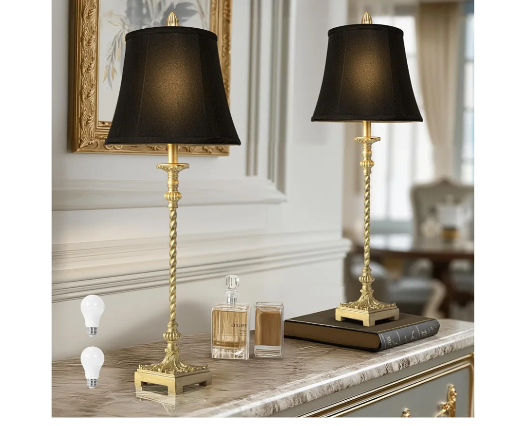 33'' Tall Vintage Table Lamp Set of 2, Candle Stick Buffet Lamps with Gold Leaf Finish and Black Linen Shades, 3-Way Dimmable Bulbs Included, Nightstand Lamps for Living Room Bedroom Dinning Entryway
