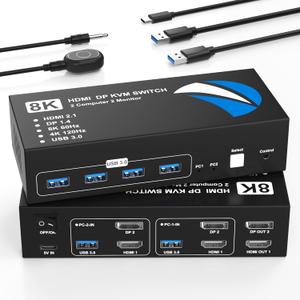 8K@60Hz HDMI DisplayPort KVM Switch 2 Monitors 2 Computers, 4K@120Hz Dual Monitor KVM Switches HDMI DisplayPort for 2 Computers Share 2 Monitors and 4 USB Devices for Keybord Mouse Printer Hard Drive