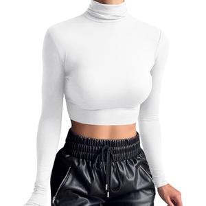 LCNBA Women's Long Sleeve Crop Top Turtleneck Sexy Basic Cropped Tops Shirt (Large, White)