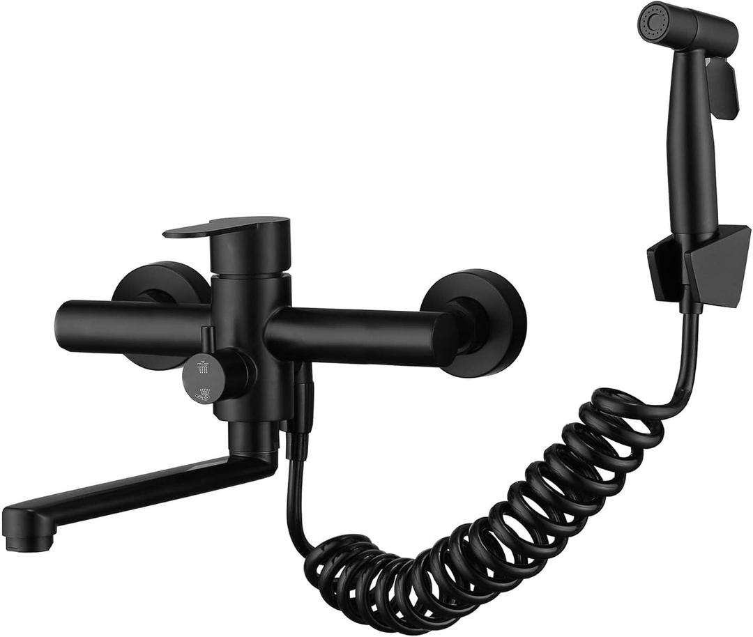 Kitchen Sink Wall Mount Faucets, Matte Black Commercial Faucet with Side Sprayer,Stainlesss Steel Mixer Tap, Unility Sink Faucet, 7.5-8.5 Inches Center, Spout Reach 9.2"
