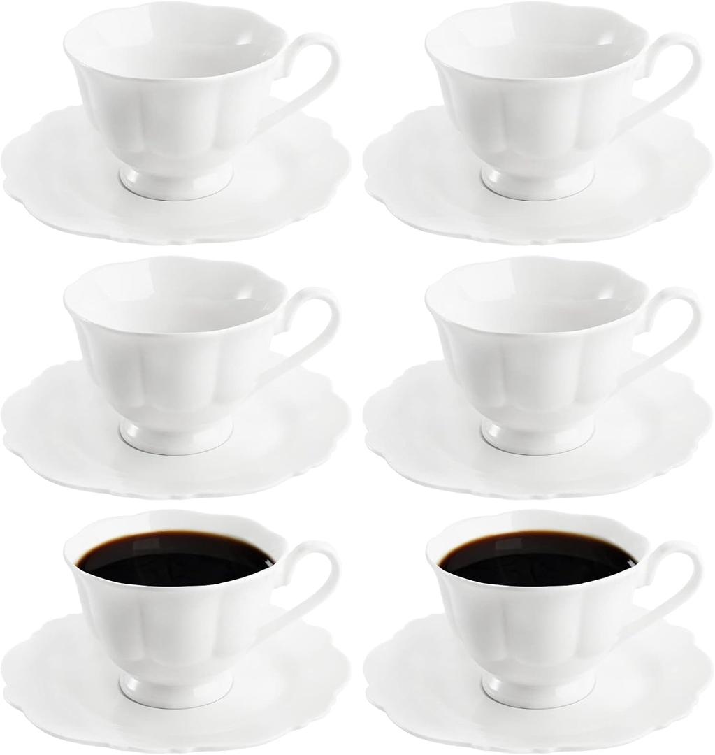 Jucoan Set of 6 Porcelain Tea Cups and Saucers, Bone China Tea Cup Set, 6 oz White Tea Cup Set, Coffee Cups, Espresso Cups, British Tea Cups Gift for Wedding Bridal Shower Birthday Party