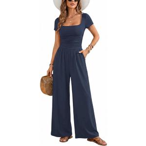 Acelitt One Piece Jumpsuits for Women Dressy Casual Short Sleeve Squared Neck Wide Leg Rompers Jumpers Vacation Outfits (Medium, Blue)