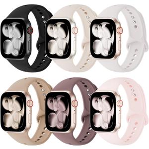 6 Pack Silicone Bands Compatible with Apple Watch Band 38mm 40mm 41mm 42mm 44mm 45mm 46mm 49mm Women Men, Soft Sport Strap Replacement Wristband for iWatch Series 11 10 9 8 SE 7 6 5 4 3 2 1 Ultra (Black/Starlight/Light Blush/Milk Tea/Smoke Violet/Sand Pink)