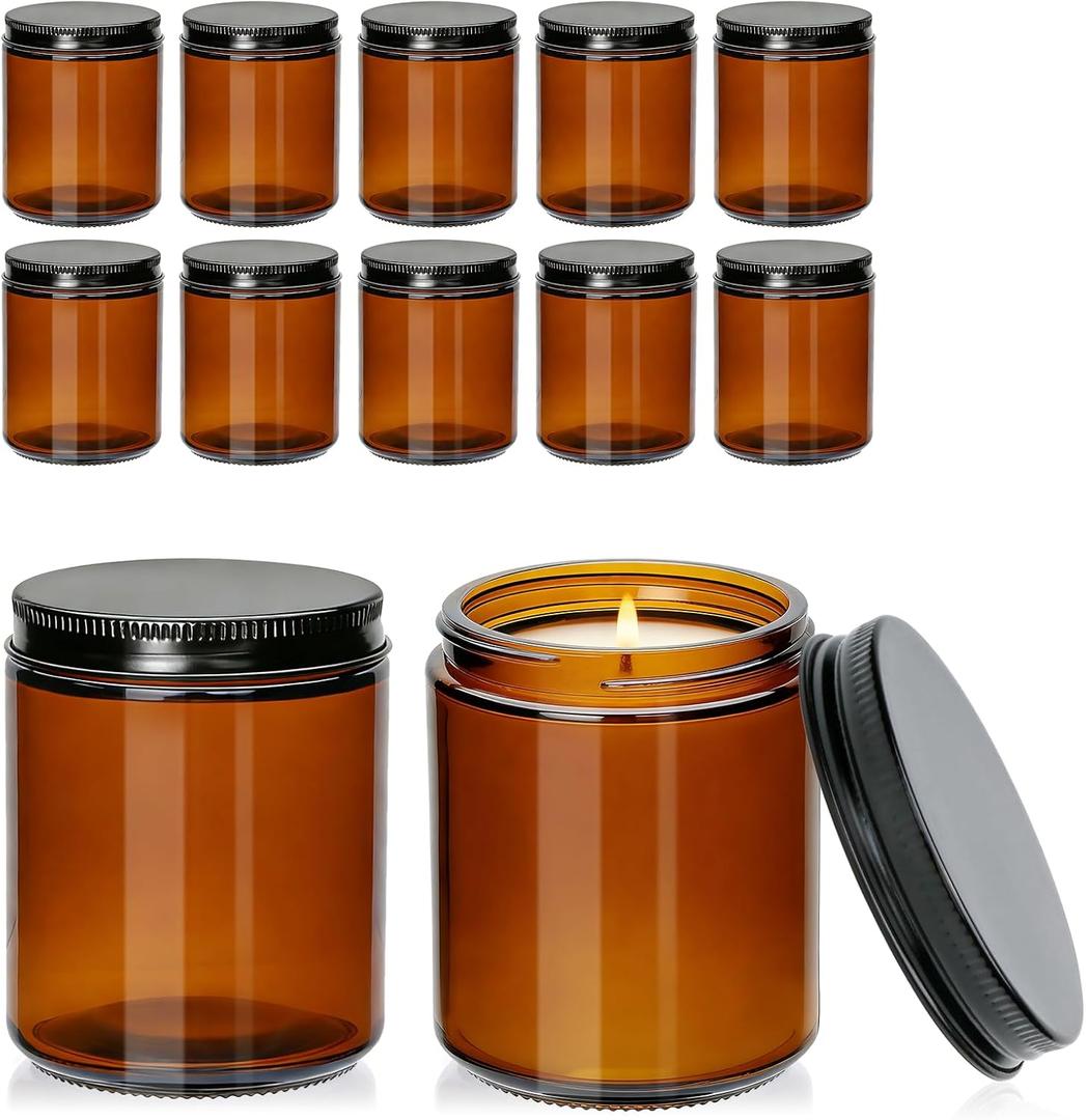 8 oz Amber Glass Candle Jars with Lids,12 Pack Airtight Candle Containers