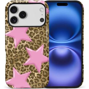 DAIZAG Compatible with iPhone 17 Pro Max Case,L2 Pink Star Leopard Print Dual Layer Shockproof Protective Hybrid Case