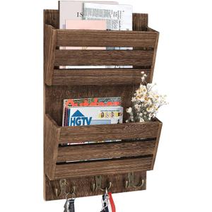 Unistyle Mail Organizer with 4 Hooks, Rustic Brown Wall Mount, Cedar Wood Key Holder for Letters, Magazines, Keys, Dog Leashes