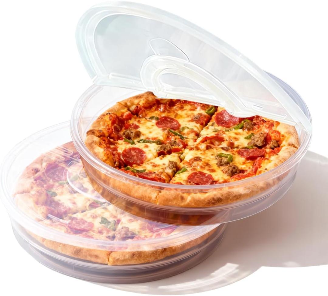 2 Pack 12 Inch Pie Carrier with Lid and Handle Reusable 2 Compartments Food Storage Container Plastic Pizza Storage Containers Round Pie Keeper for Cake Cheesecake Tortilla