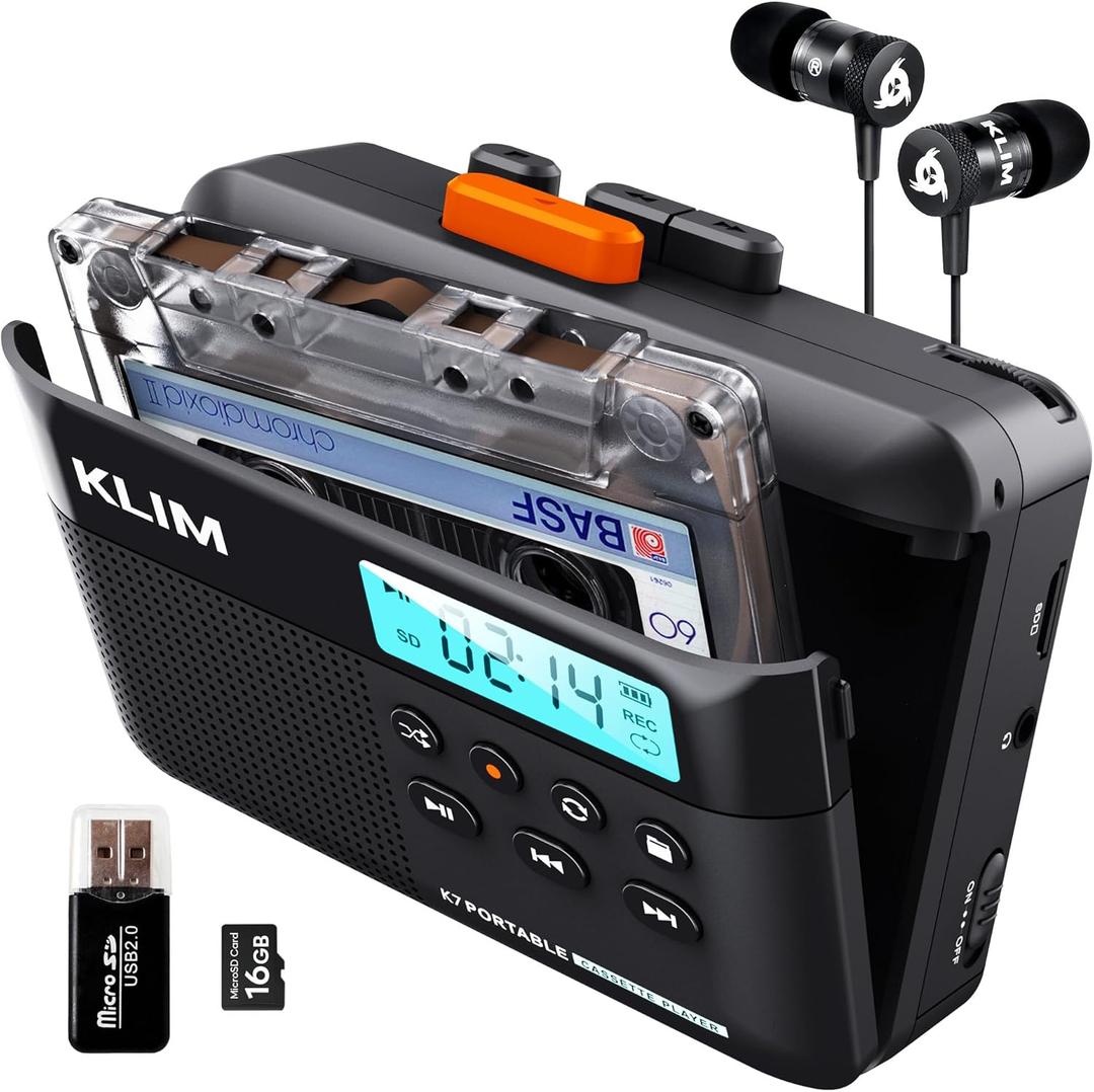 KLIM K7 Cassette Tape Player - Cassette to MP3 Converter - Portable - Built-in Microphone & Speaker - Rechargeable Battery - Earphones - 16GB SD Card - Black-Orange