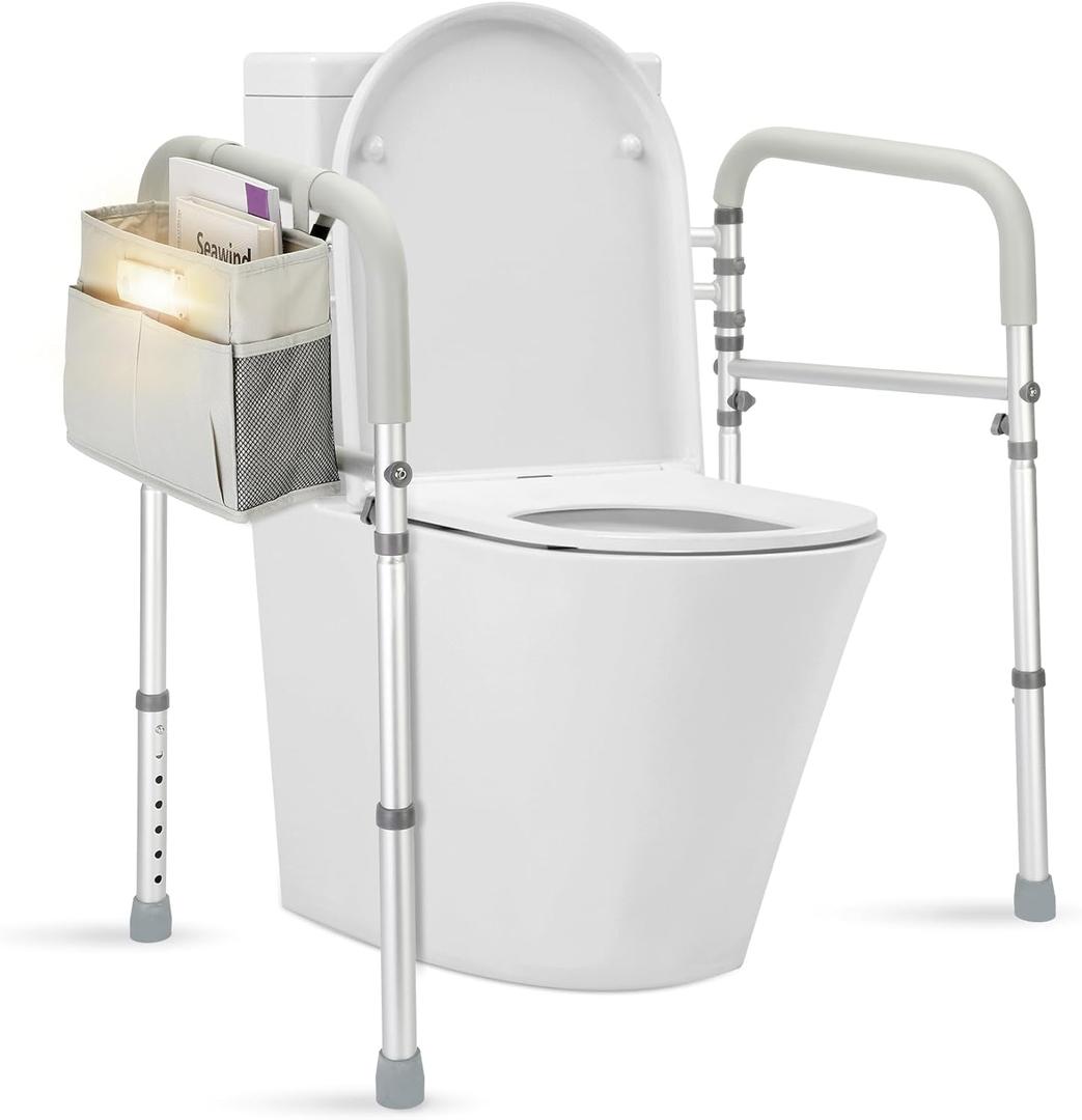 Toilet Safety Rails for Seniors - Adjustable Height & Width Toilet Safety Frame with Storage Pouch & Night Light, Heavy Duty 300LB Foldable Bathroom Handles for Elderly, Disabled Fits All Toilets