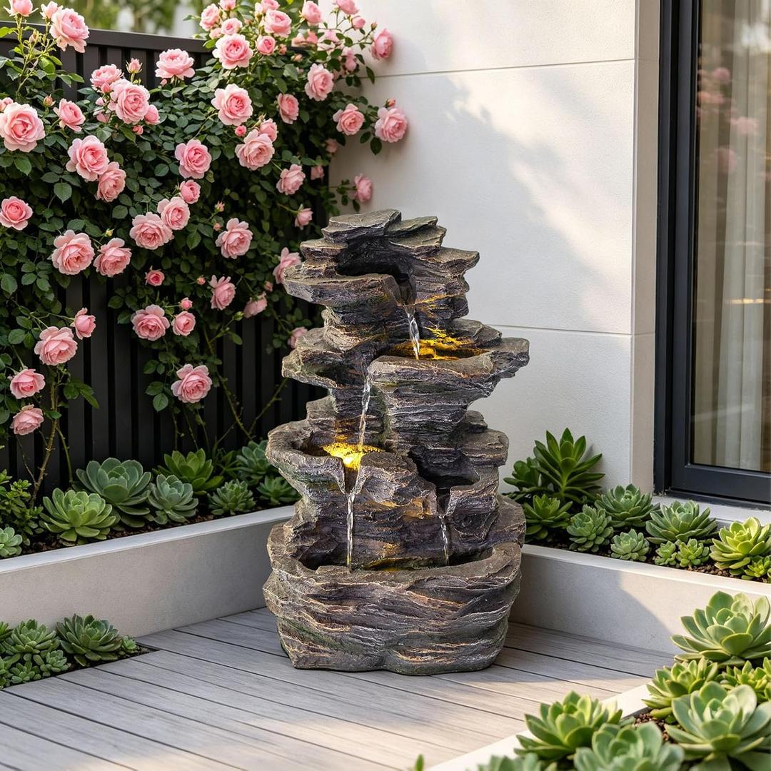 18.7" Tall Rock Stack Freestanding Water Fountain, 4-Tier Cascading Resin Waterfall Feature with LED Light, Indoor/Outdoor Relaxing Water Decor for Home, Office, Patio, Garden