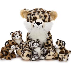 MorisMos 5Pcs Cheetah Stuffed Animal, 14 Inch Cheetah Mommy with 4 Baby, Soft Stuffed Leopard Plush Gifts for Kids, Boys, Girls, Toddler