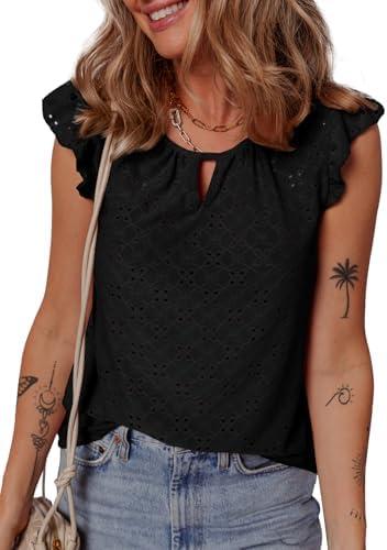 EVALESS Womens Summer Sleeveless Tank Tops Crewneck Ruffle Sleeve Eyelet Shirts Blouses L