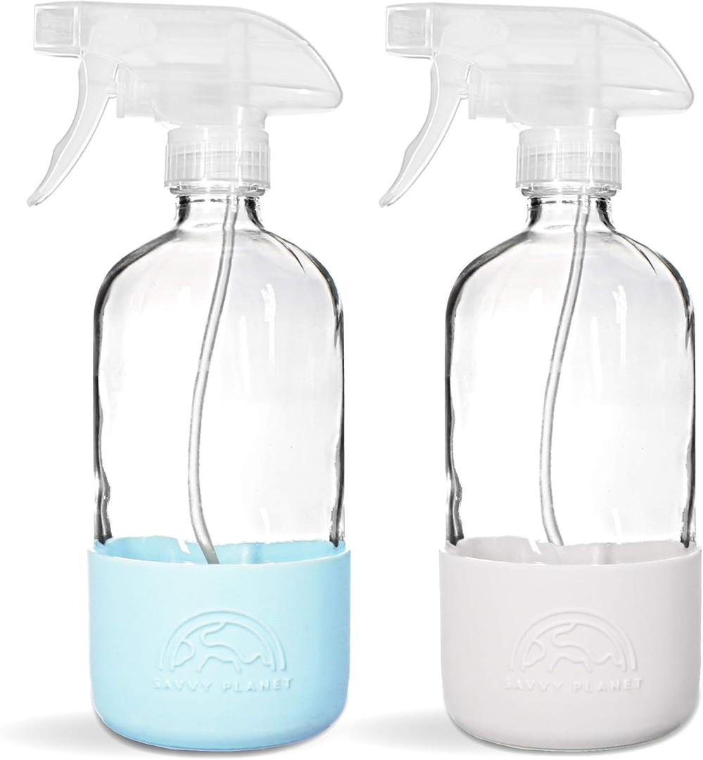 SAVVY PLANET - Glass Spray Bottles for Cleaning, Silicone Sleeve Bottom for Protection, Reusable Glass Spray Bottles 16 Oz With Adjustable Nozzle Settings (2 Pack) (Pastel Blue & Cream White)