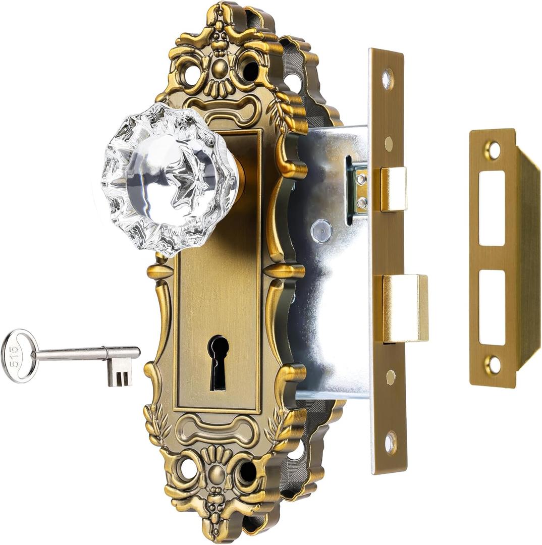 Mortise Lock Set for Interior DoorVintage Brass Door Knobs with Lock and Skeleton Key, Antique Door Handle Lock Replacement for Interior Doors