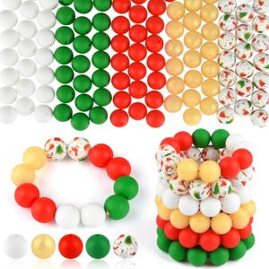 ASTARON 100 Pcs 15mm Silicone Beads for Keychain Making, Green Red Gold Round Beads Bulk for Christmas Bracelets Crafts Jewelry Making Supplies Christmas Gift Ideas Decorations