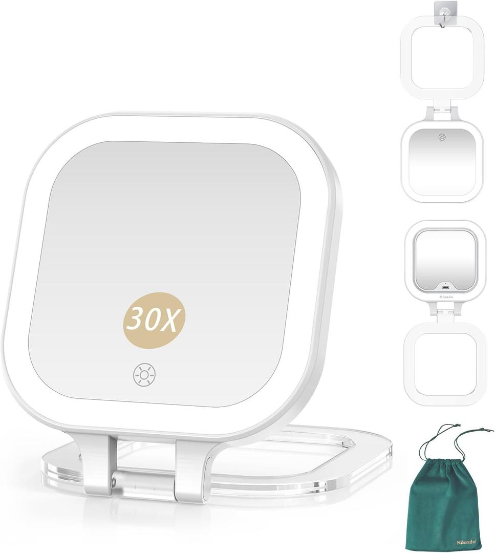 Mocado Compact Travel Makeup Mirror, 1X/30X Magnifying Mirror with Light, Double Sides Compact Mirror with 3 Color Light, Dimmable Handheld Mirror, Rechargeable Travel for Purse,Pocket(White)