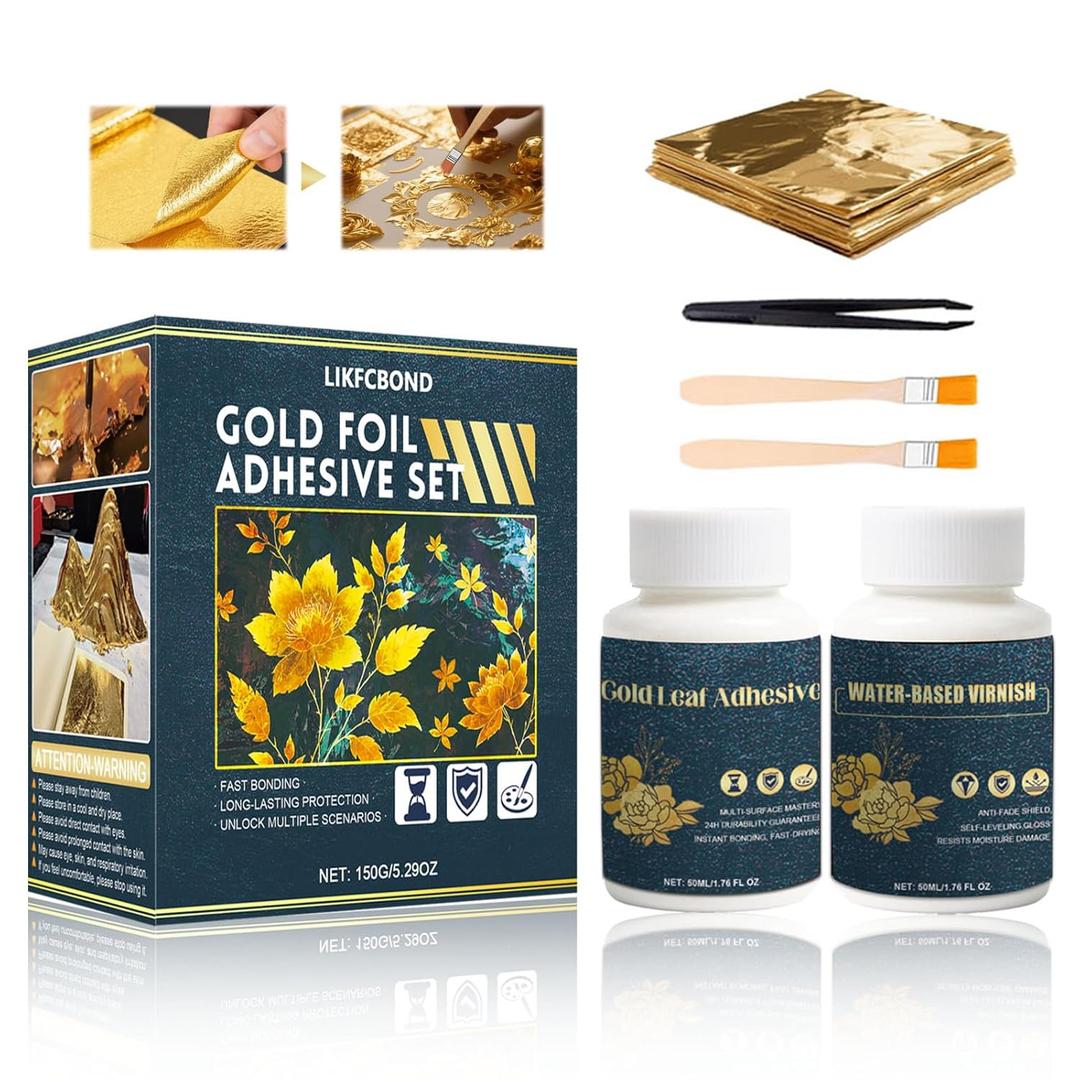 Gold Leaf Sheets for Art Gilding Adhesive Set 50ml Water Based Metal Leaf Glue and 50ml Protective Varnish, Gold Foil Sheets 50 pcs for Painting, Furniture and Decoration
