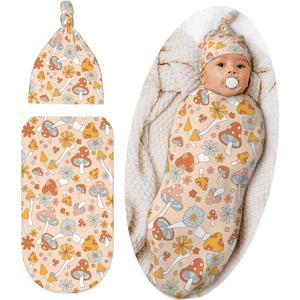Cute Mushroom Swaddle Blanket Hat Set for Boys Girls, Soft Floral Newborn Sleeping Sack Receiving Blanket Shower Gift (One Size)