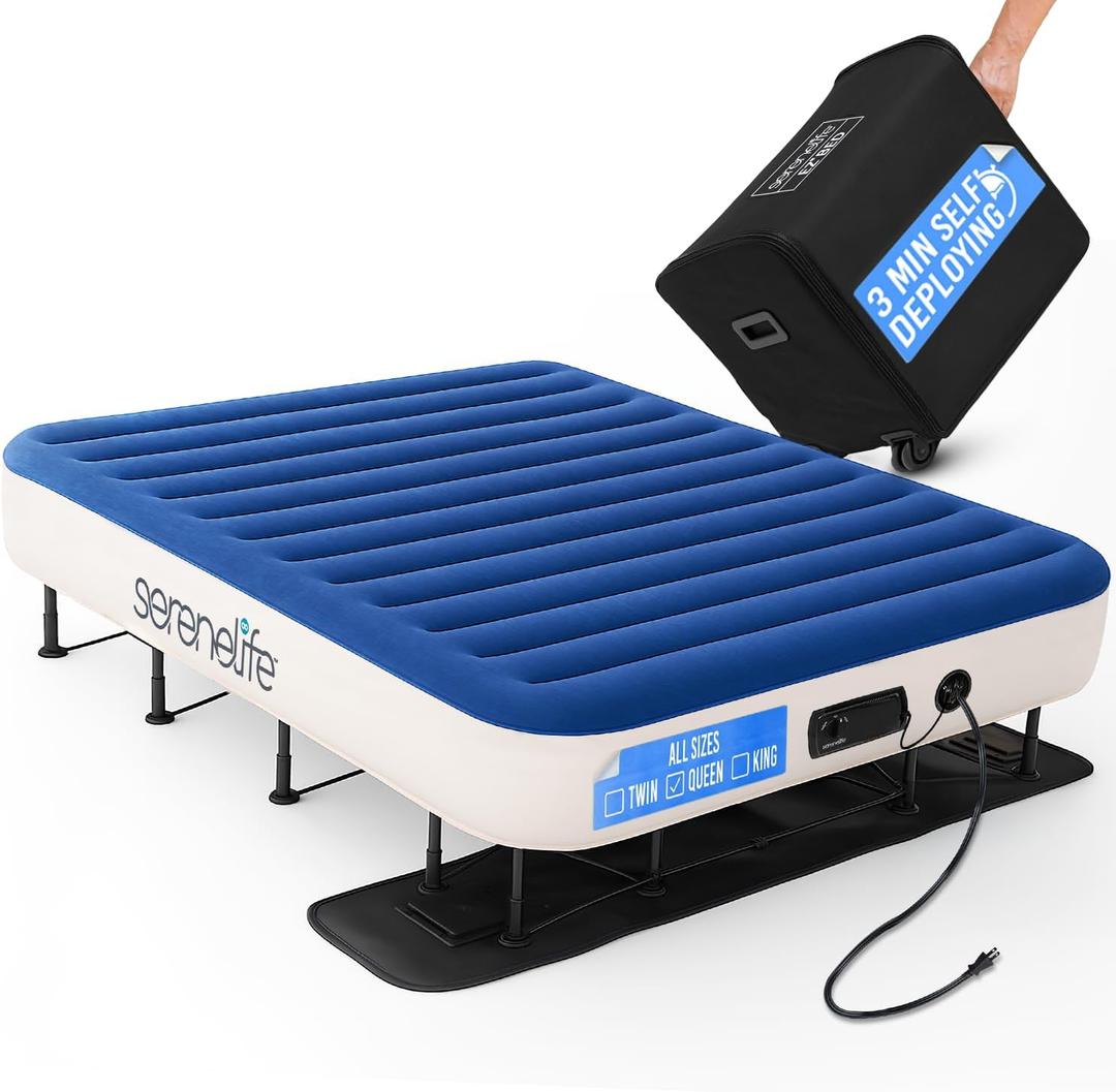 SereneLife EZ Bed Air Mattress with Frame and Rolling Case, Self-Inflating Airbed with Built in Pump for Travel and Hosting, Queen