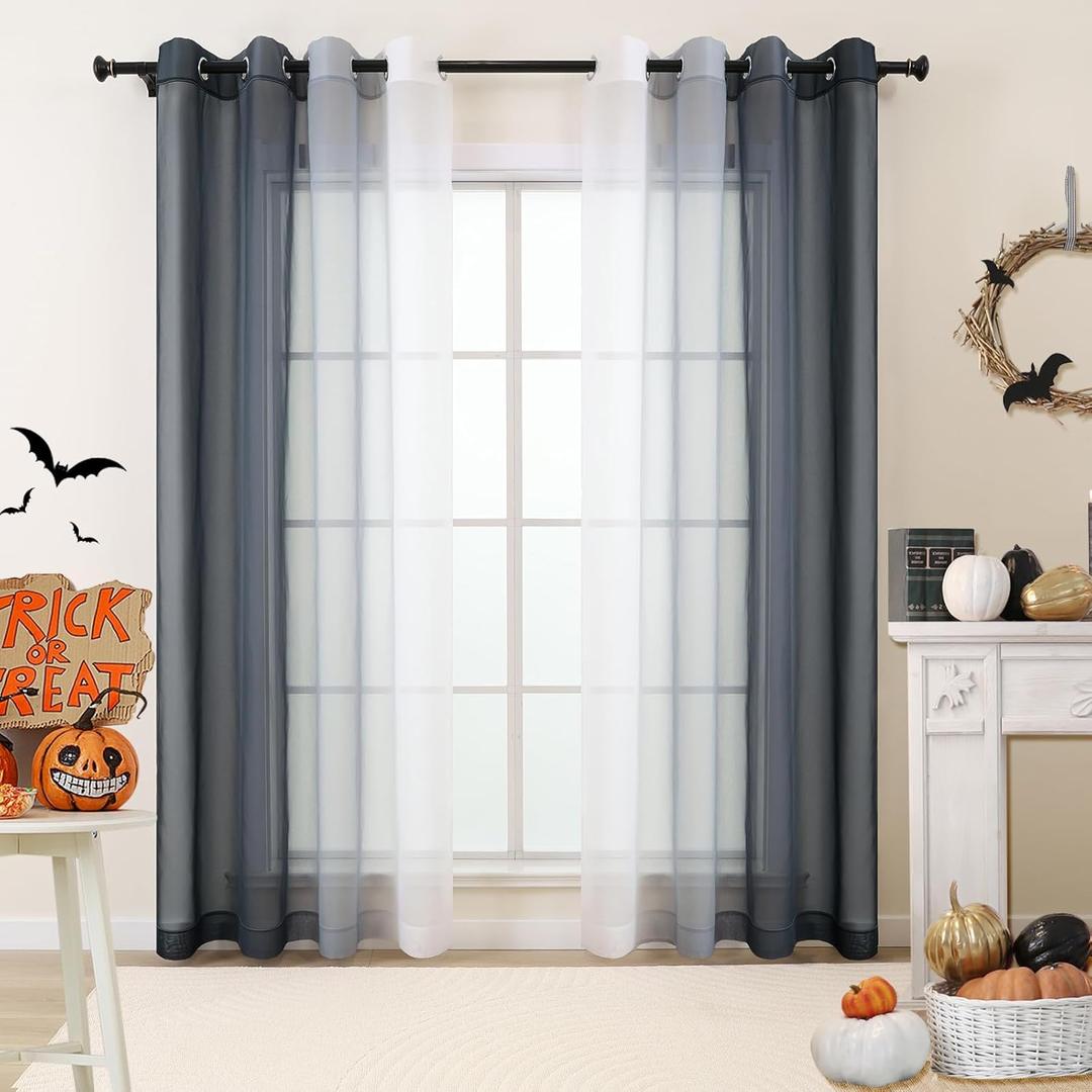 L.Z.E Black Ombre Sheer Curtains 72 Inch Length for Living Room, Black and White Curtains for Bedroom Dining Room Sliding Glass Door, Lightweight Gradient Window Drapes Grommet Top 2 Panels Set