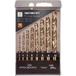 Hymnorq 8-Piece M35 Cobalt Steel Drill Bit Set (3mm-10mm), Dual Twist Flute, Bronze Finish, 135 Split Point, with Plastic Index Case, Ideal for Metals Like Stainless Steel Iron Aluminum and Copper