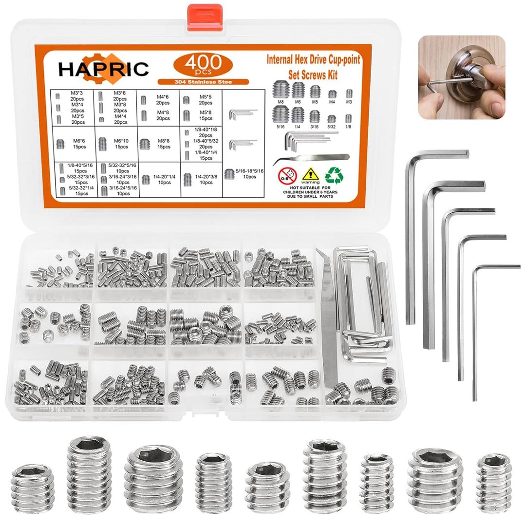400 Pcs 25 Size Set Screws Metric&SAE Set Screw Assortment Kit 304 Stainless Steel Head Socket Metric Set Screws for Bathroom Fixtures Door Handles(M3-M8, 1/8"-40 to 5/16"-18)