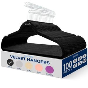 SereneLife Velvet Hangers 100 Pack Black Slim Non-Slip Clothes Hangers with Chrome 360 Swivel Hook, Durable 10 lbs Capacity, Ultra-Thin Space Saving Hangers for Closet Organization