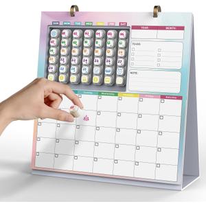 Kids Monthly Planner with 42 Event Stamps, Reusable Desk Calendar | Undated Desktop Planner, Replaceable Pages, Date Display Stamps Box, For Habits, Journaling & Family Planning