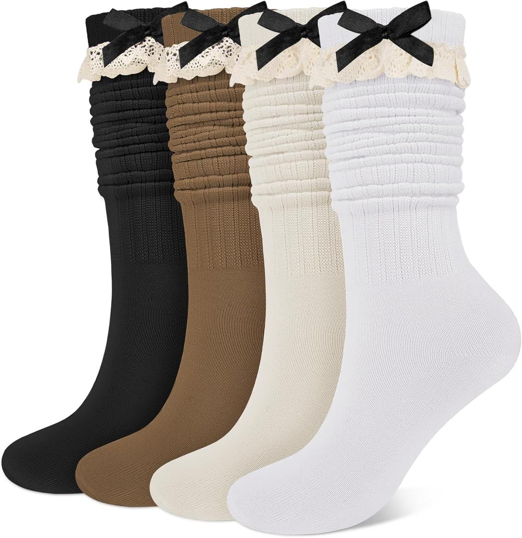 Slouch Socks for Women Long Knee High Socks Women Frilly Lace Ruffle Calf Stacked Boot Sock Scrunch Slouchy Sock (Black, White, Khaki & Beige)