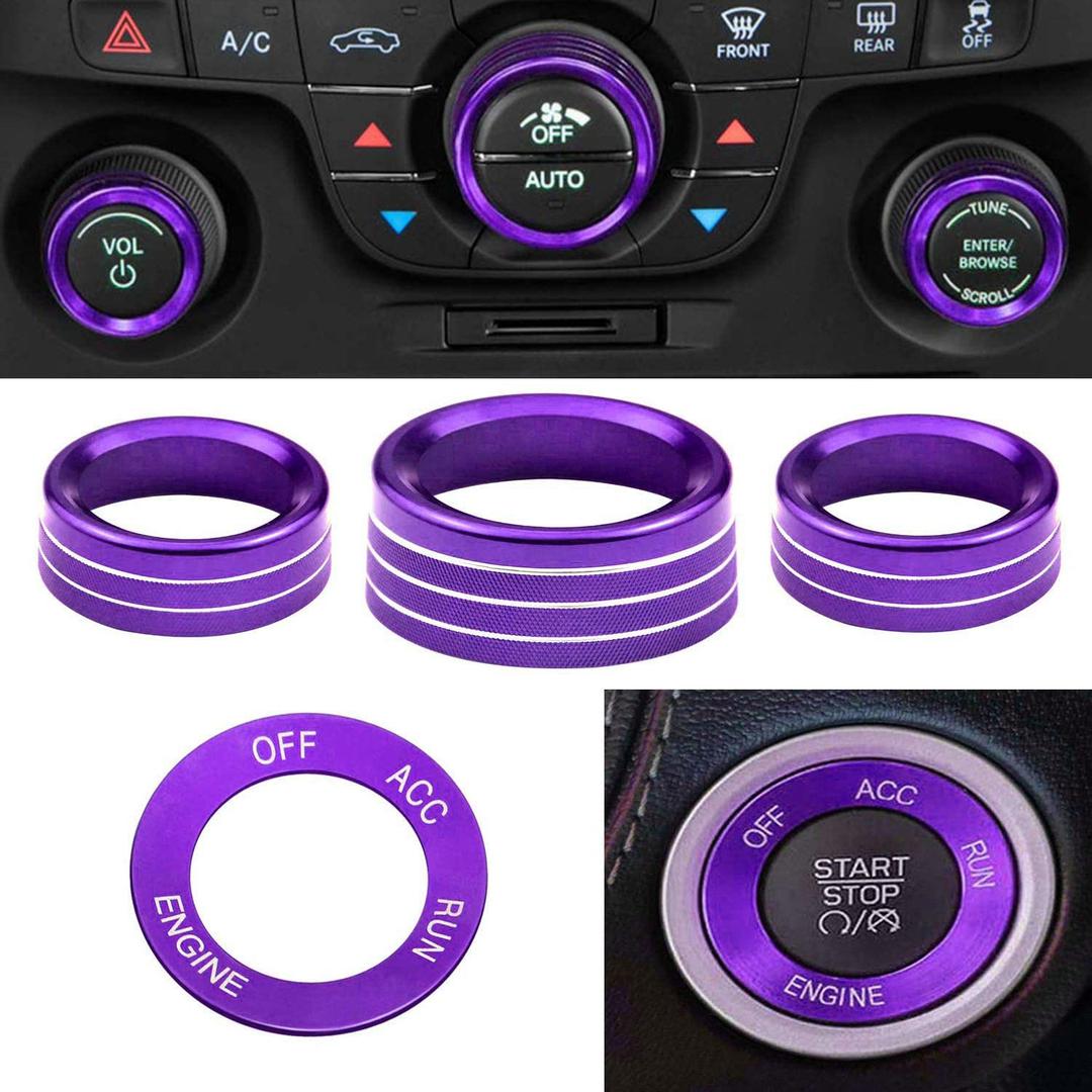 Control Knob CoversEngine Start Stop Sticker Volume AC Radio Switch Button Decal Trim Aluminum Alloy Rings Compatible with Dodge Challenger/Charger/Chrysler 300 300s (2015-2021) 4 pcs - Purple