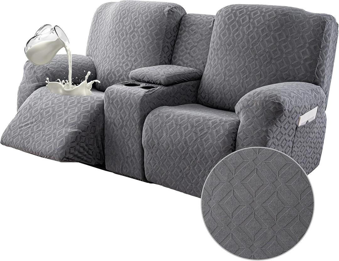 Gennia Waterproof Recliner Loveseat Cover with Console,Stretch Reclining Sofa Covers with Pockets,Lazy Boy Recliner Slipcovers,Leakproof Couch Protector for Kids&Pets (2 Seat with Console,Dark Gray)