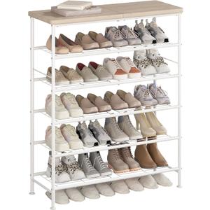 Shoe Rack Organizer 6 Tier for Closet Entryway Free Standing Metal Storage Shoe Shelf with MDF Top BoardWhite+Oak
